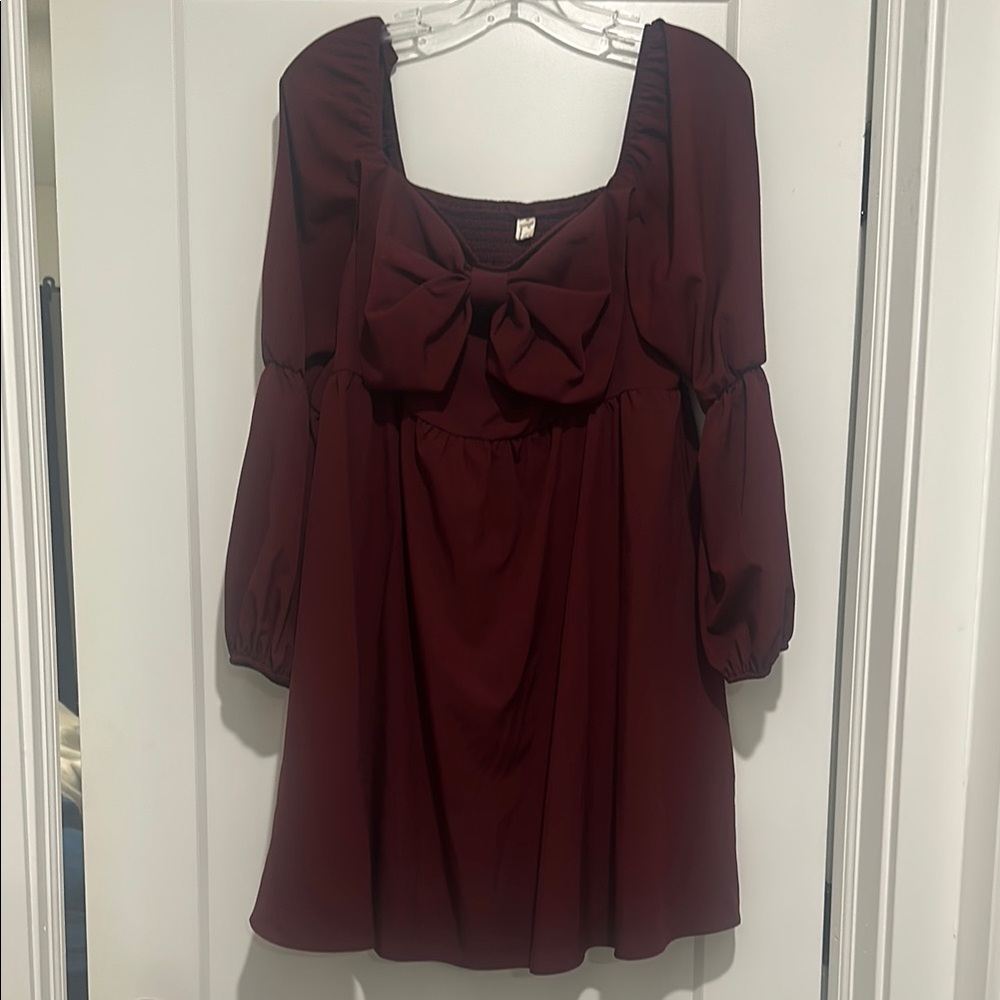 Wine Color A-line Mini Dress with Long Bishop Sleeves and Square Neckline